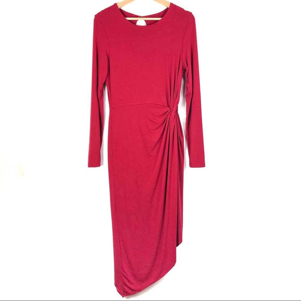 BEBE dress Large red jersey asymmetrical knot d503